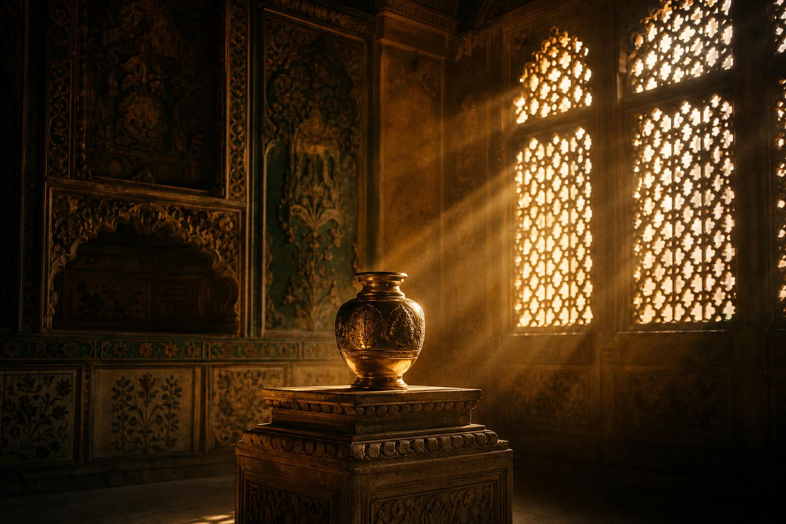 Intérieur d'un palais ancien baigné de lumière dorée
